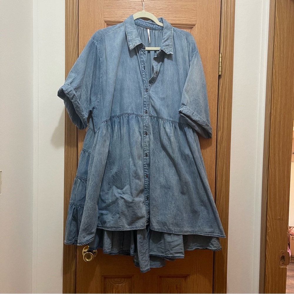 Light Blue Denim Button-Front Tiered Mini Dress